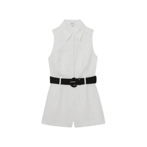 REISS Taylor Linen Sleeveless Belted Playsuit